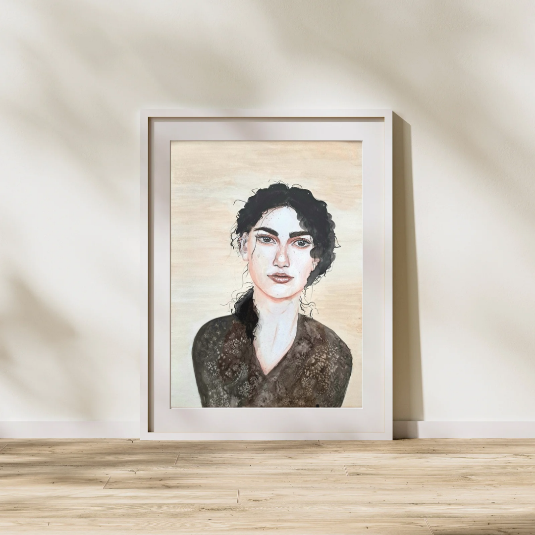 Aquarel portret in diverse maten verkrijgbaar, hier te zien in een kleiner formaat en ingelijst
