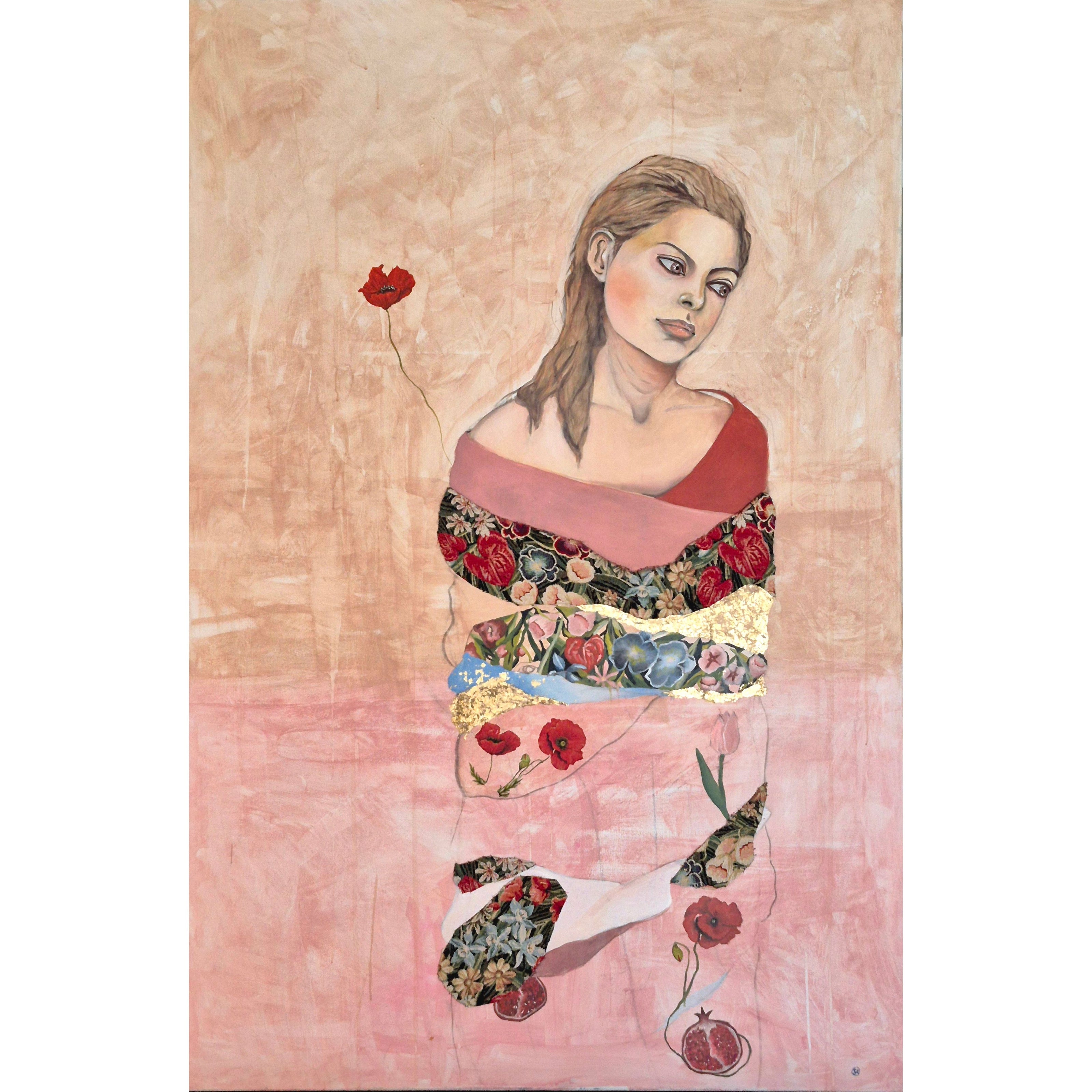 Vrouw geschilderd, bloemen, symbolisch, figuratief