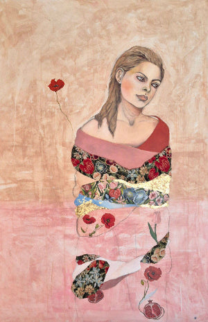 Vrouw geschilderd, bloemen, symbolisch, figuratief, schilderij op maat, schilderkunst, figuratieve kunst, vrouw