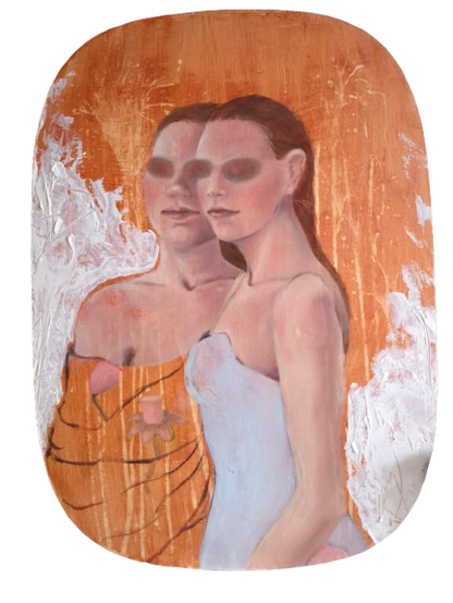 two woman painting, orange en blue
