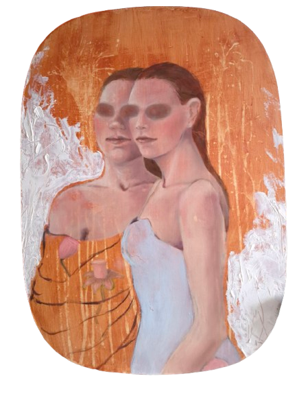 two woman painting, orange en blue