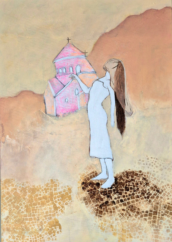 schilderij vrouw figuratief kerk aardekleuren bruin camel