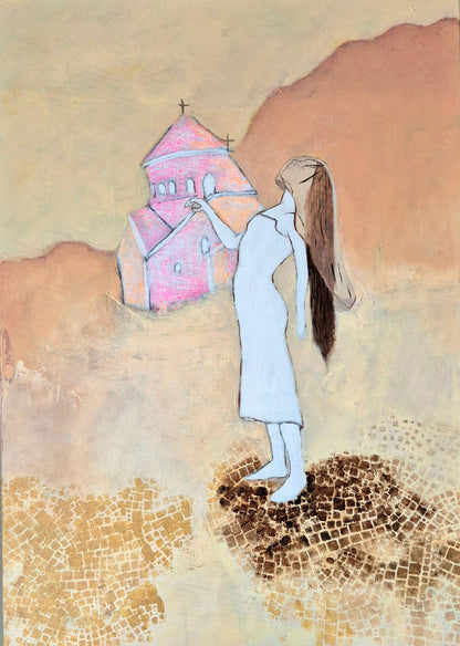 schilderij vrouw figuratief kerk aardekleuren bruin camel