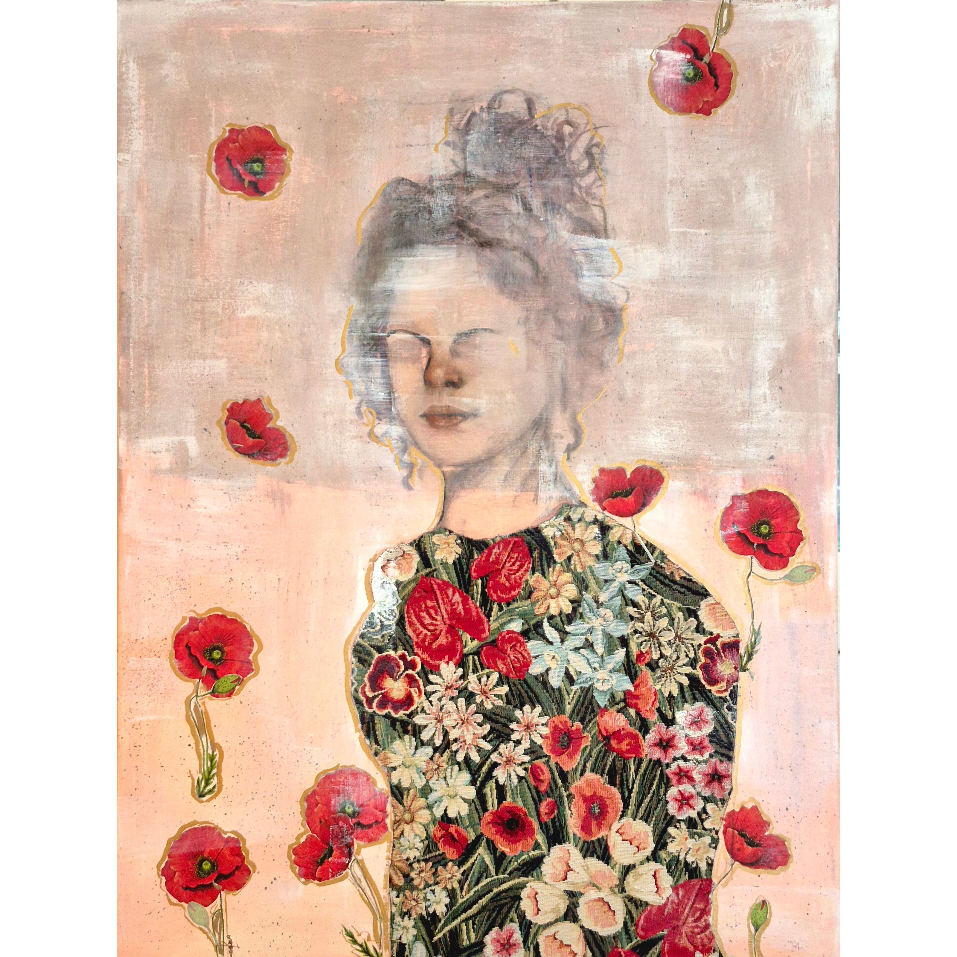 Mixed media kunstwerk, bloemen, vrouw