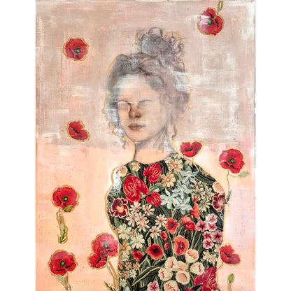 Mixed media kunstwerk, bloemen, vrouw
