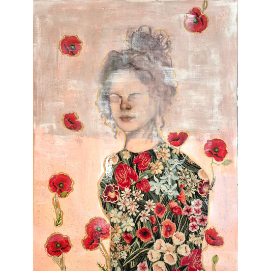 Mixed media kunstwerk, bloemen, vrouw