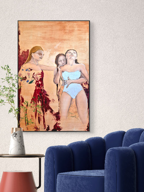 dynamic figurative painting in colorfull living room